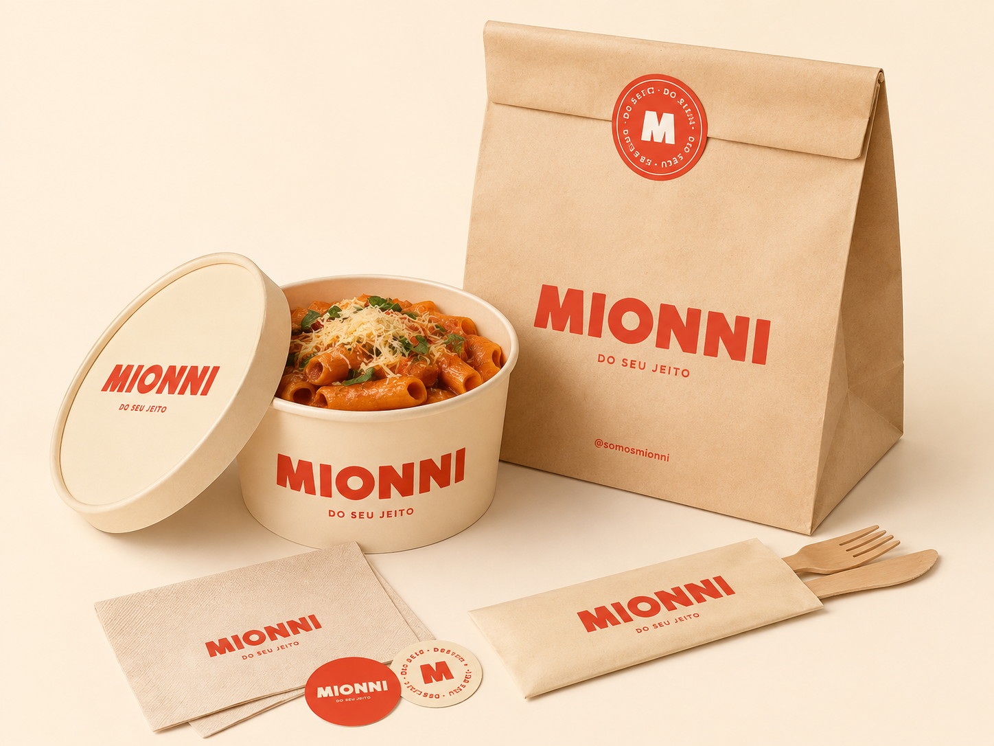Embalagens MIONNI: sacola de papel, bowl, guardanapos e talheres