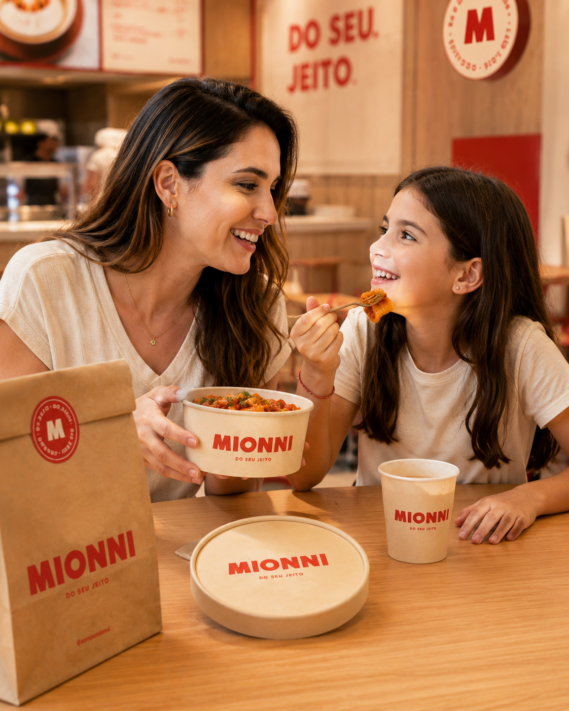 Mãe e filha compartilhando uma refeição MIONNI