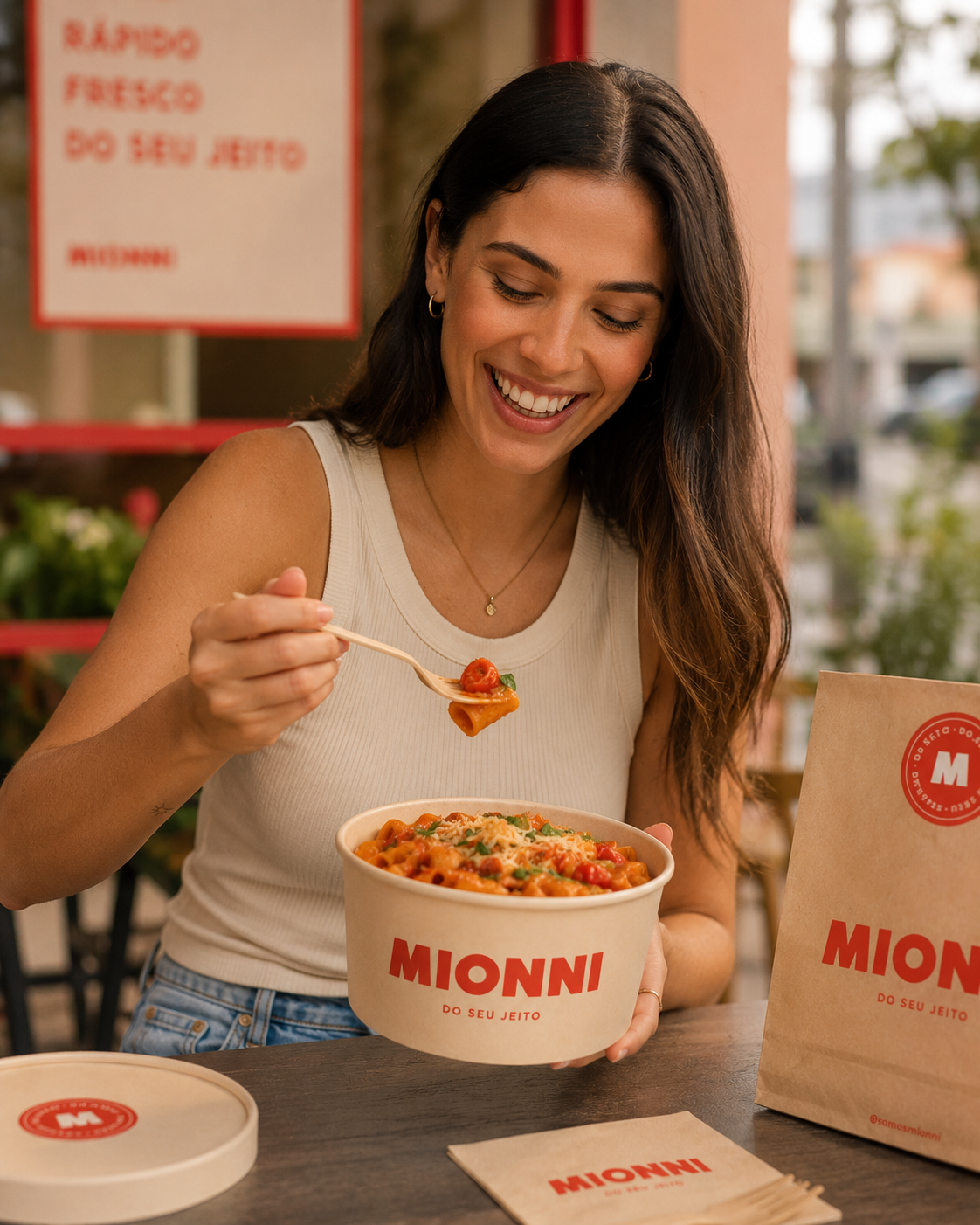 Cliente sorrindo segurando um bowl MIONNI