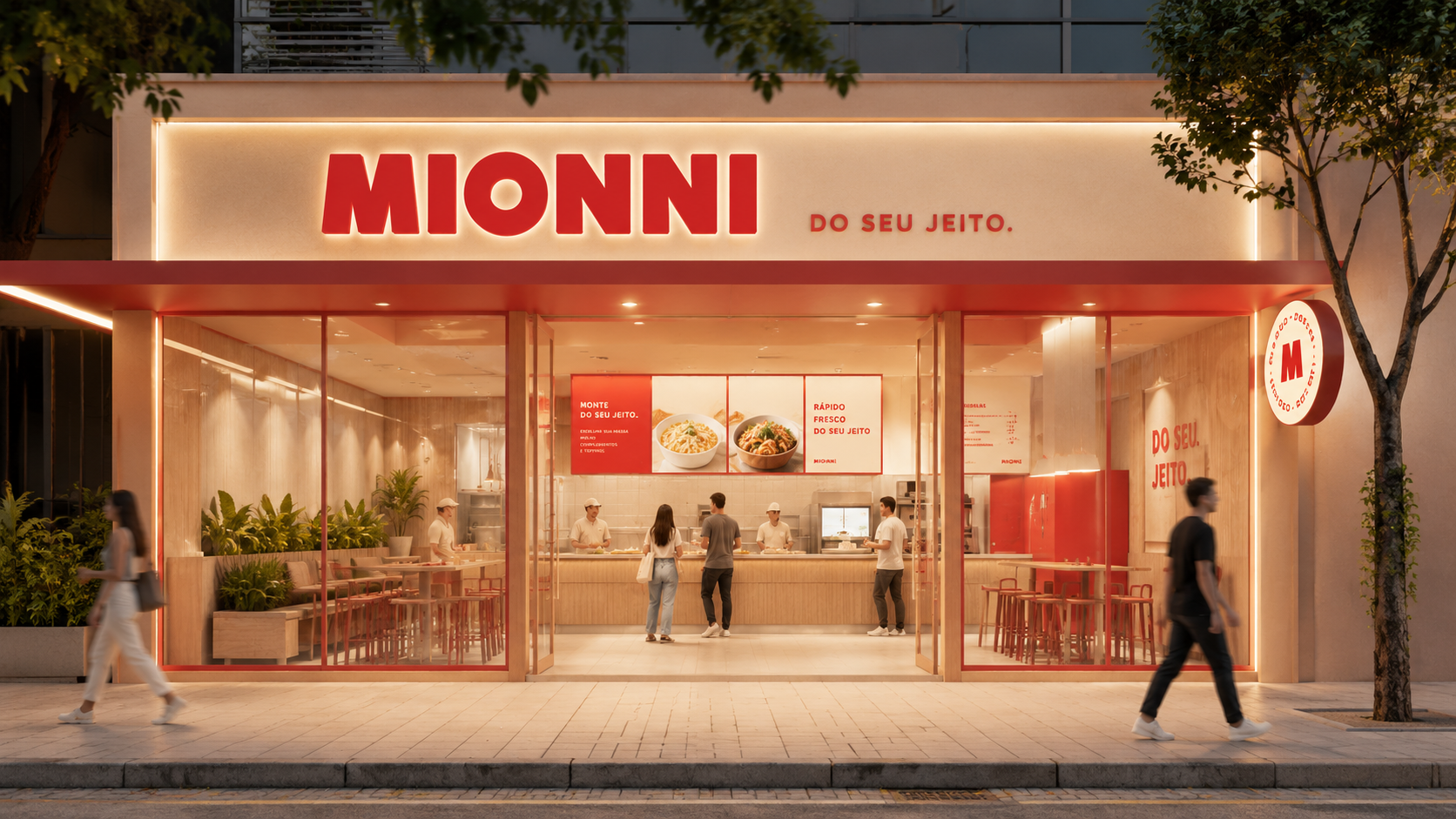 Fachada iluminada da loja MIONNI à noite