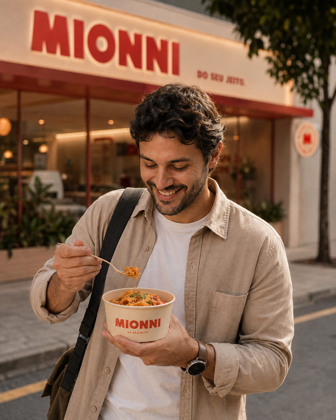 Cliente comendo bowl MIONNI em frente à loja