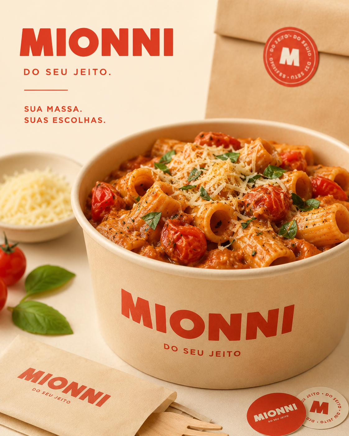 Bowl de rigatoni MIONNI com molho de tomate e parmesão